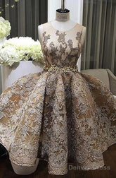 A-Line Jewel Sleeveless Short Prom Dress With Lace Appliques